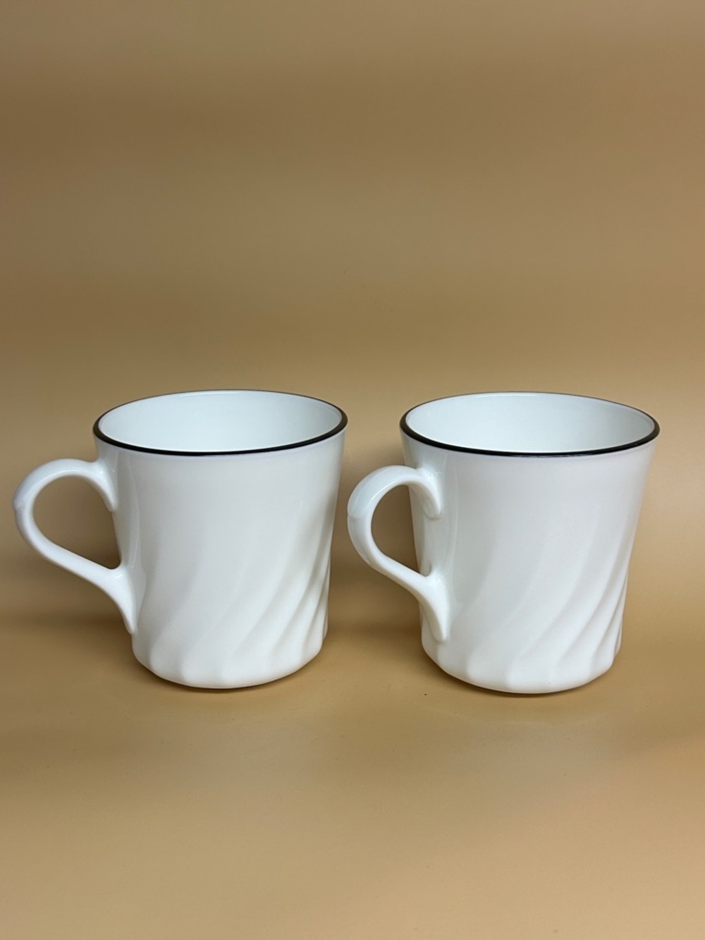 Corning Enhancements White Swirl Black Rim 8 oz Coffee Mug Set of 2